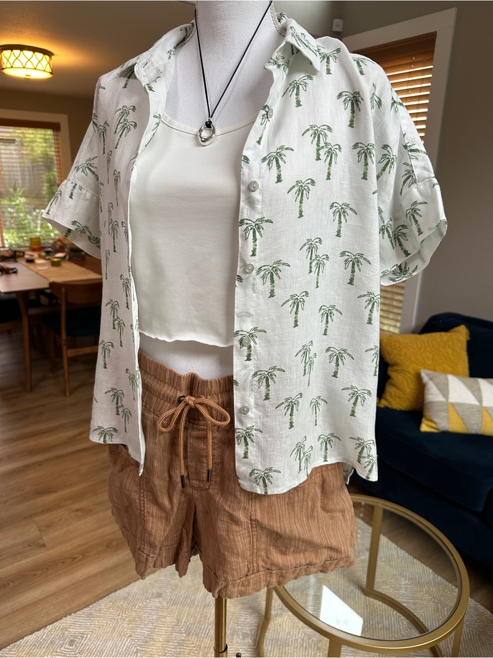C&C California boxy short sleeve button down White Shirt with Green Palm Print